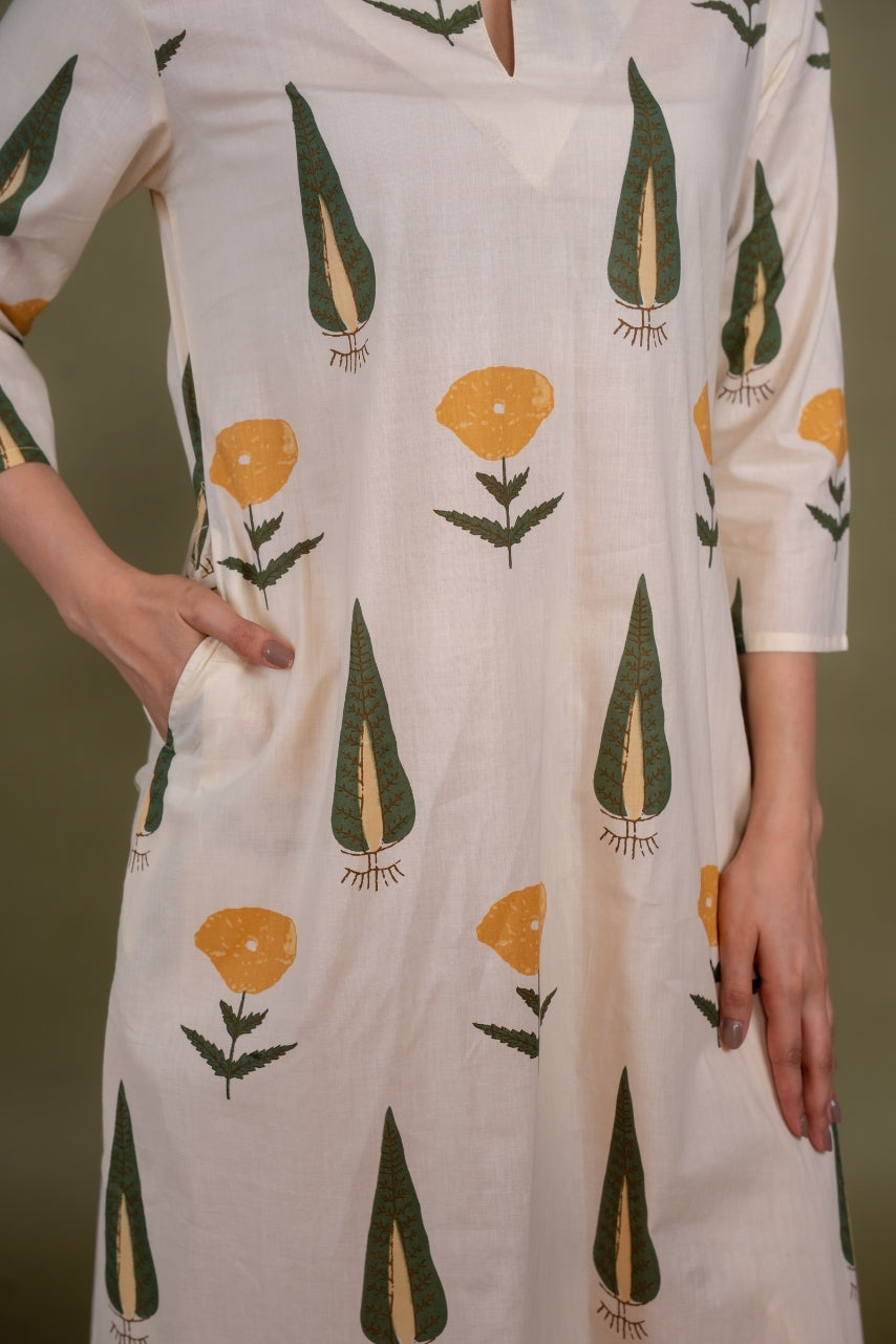 Women cream designer printed floral pure cotton Co-Ord Set, detailed view