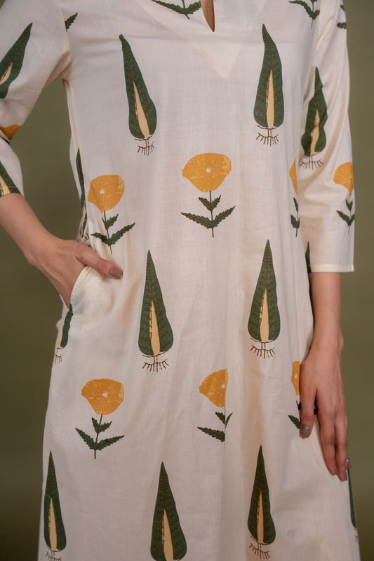 Women cream designer printed floral pure cotton Co-Ord Set, detailed view