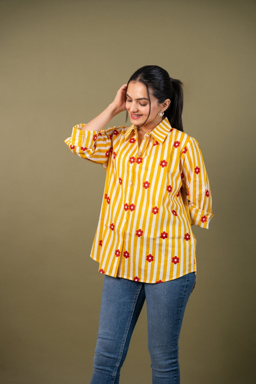Women cotton yellow white stripes relaxed fit shirt , front view 2