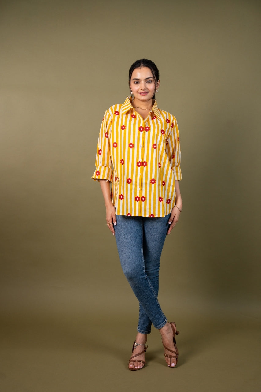 Women cotton yellow white stripes relaxed fit shirt , front view