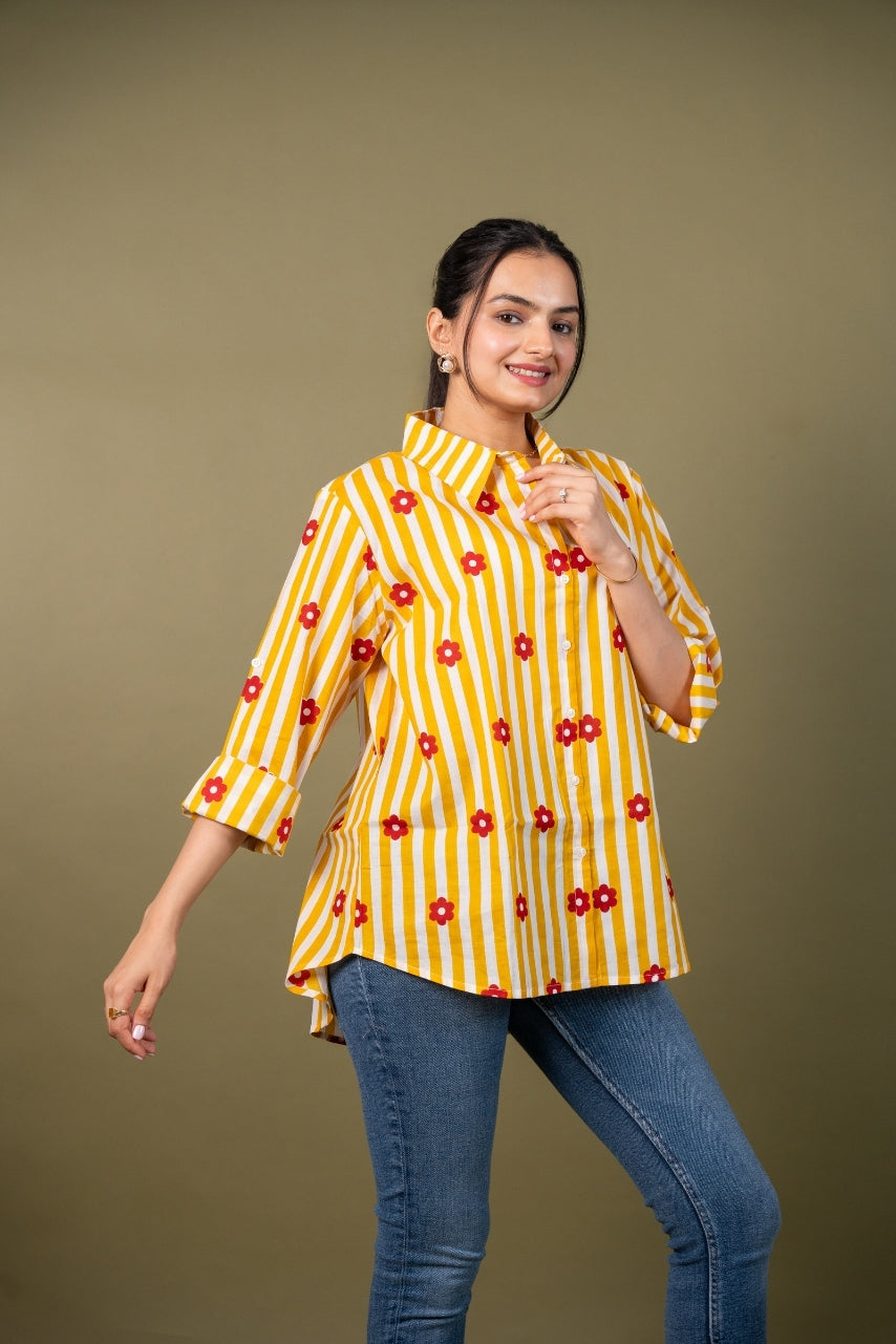 Women cotton yellow white stripes relaxed fit shirt , front view 3