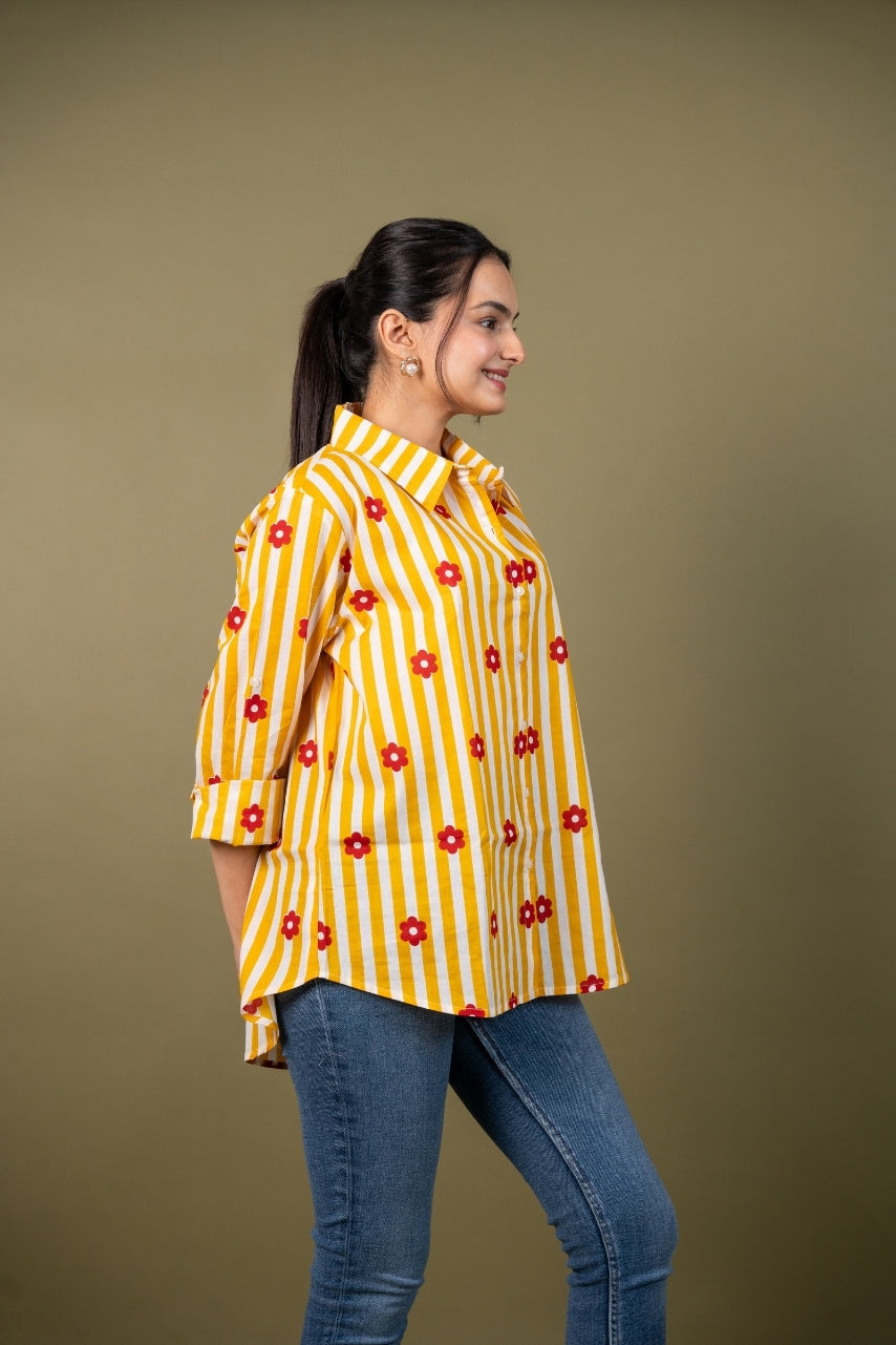 Women cotton yellow white stripes relaxed fit shirt , side view
