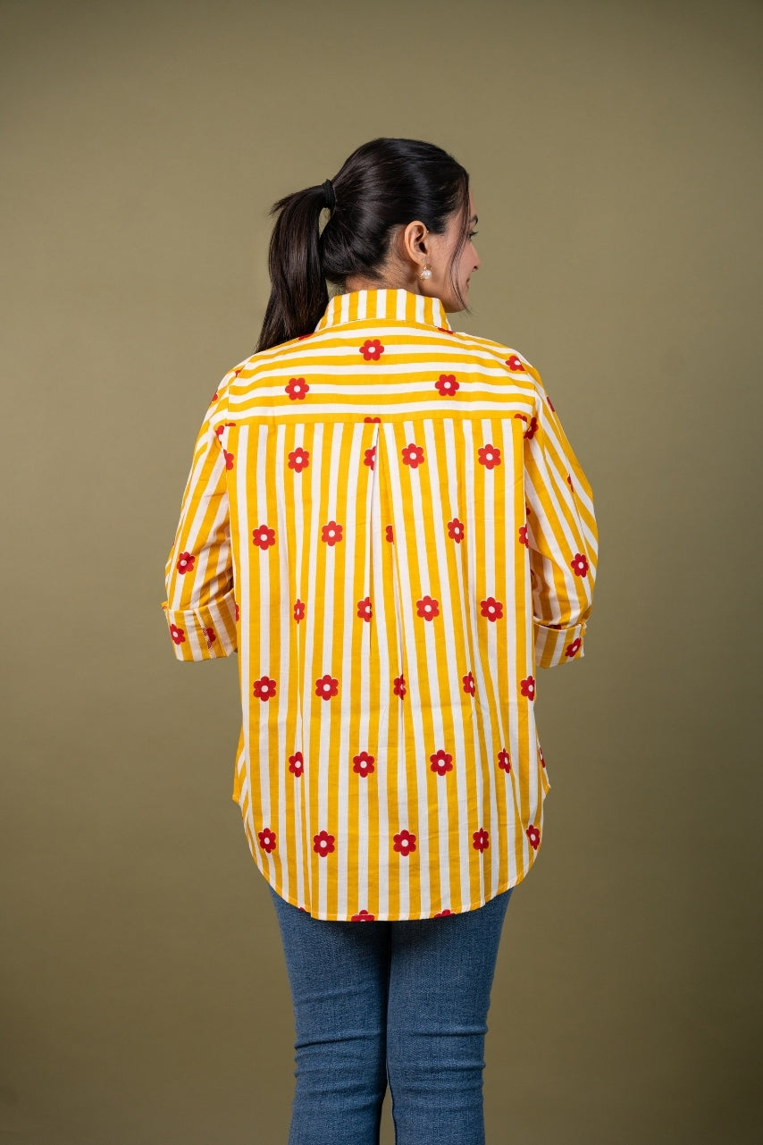 Women cotton yellow white stripes relaxed fit shirt , back view