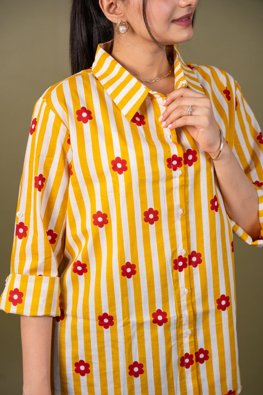 Women cotton yellow white stripes relaxed fit shirt , detailed view