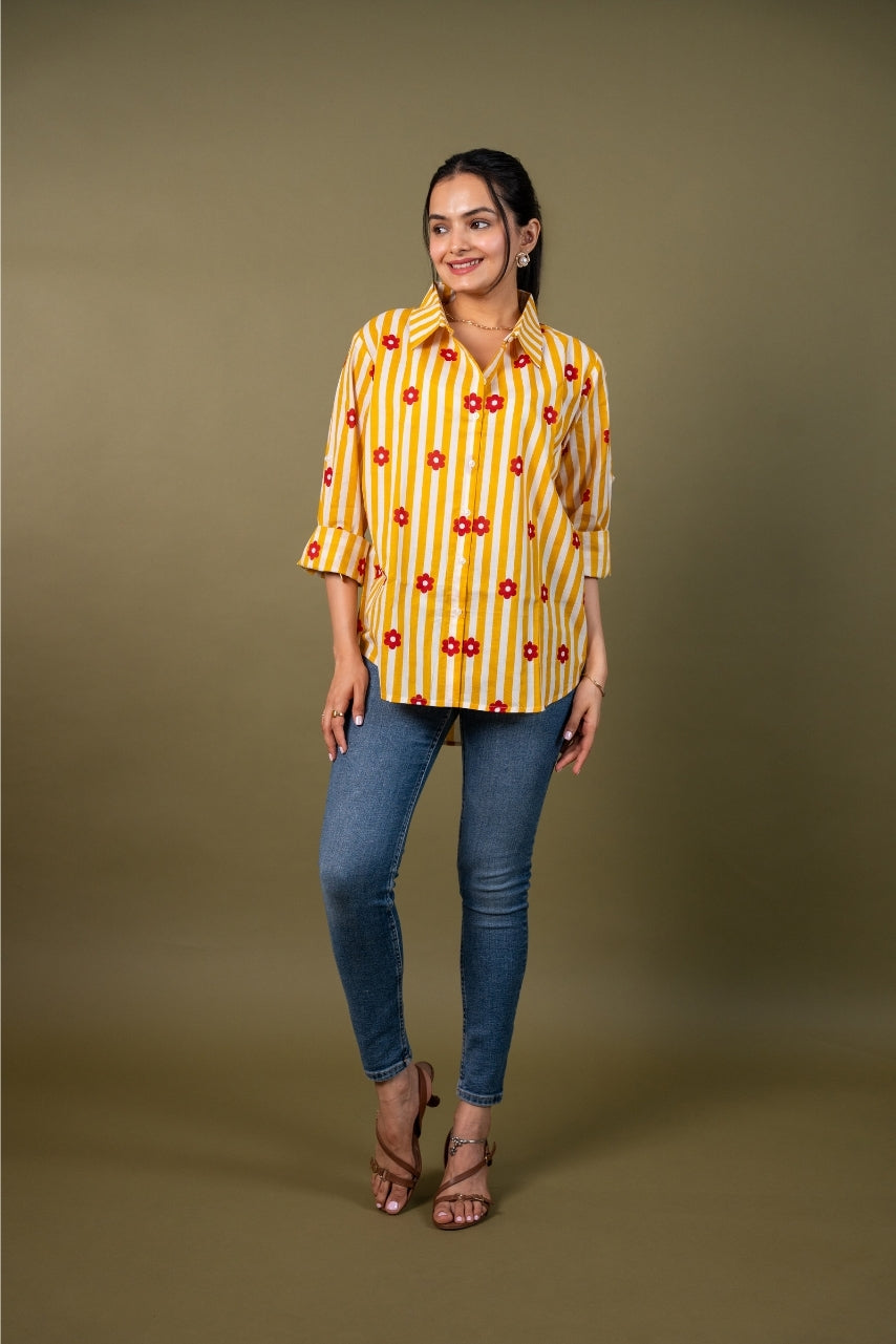 Women cotton yellow white stripes relaxed fit shirt , front view 5