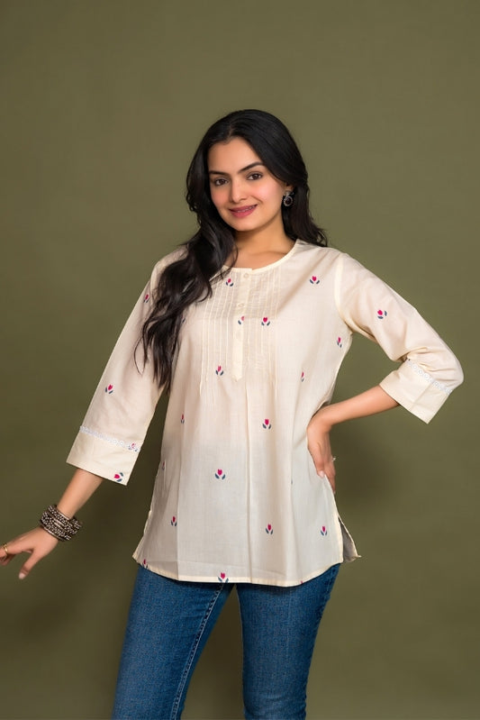 Ekisha's women cream floral printed designer cotton tunic top short kurti, front view 3