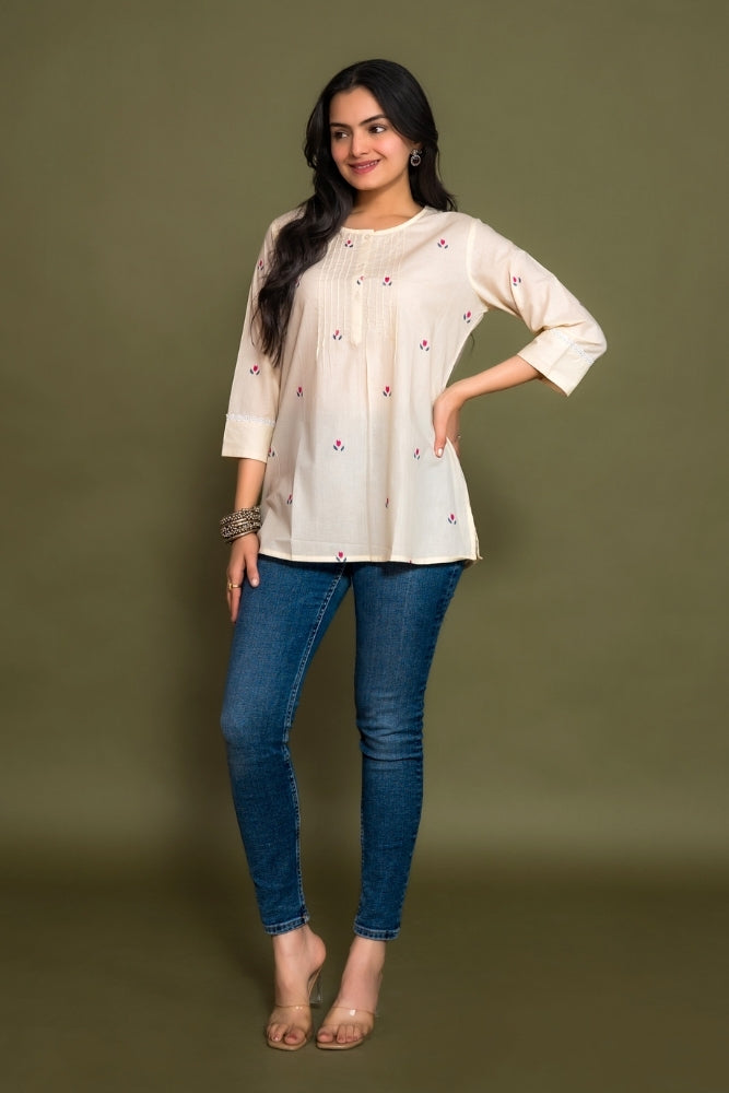 women-wearing-cream-floral-cotton-short-kurti-ekisha