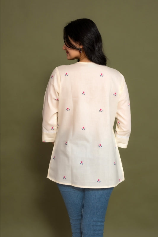 Ekisha's women cream floral printed designer cotton tunic top short kurti, back view