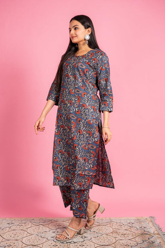 Ekisha's women dark blue designer multicolor floral printed cotton co-ord set kurta set 