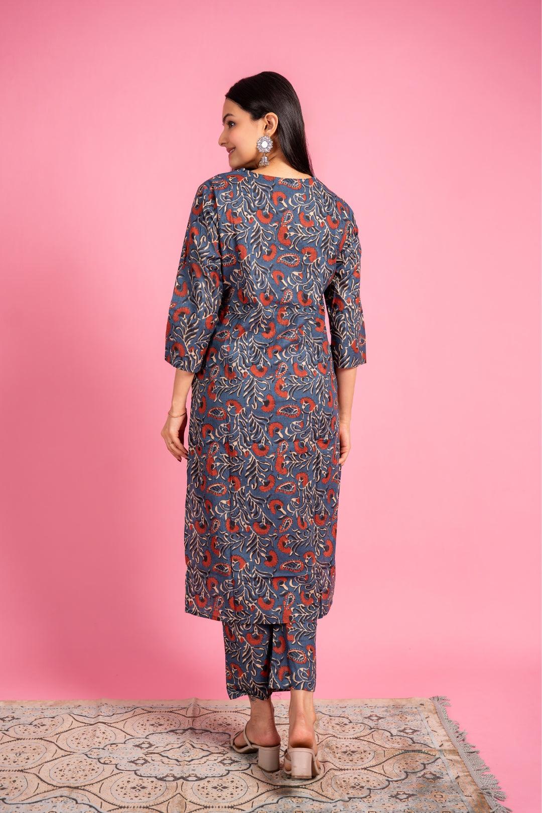 Ekisha's women dark blue designer multicolor floral printed cotton co-ord set kurta set