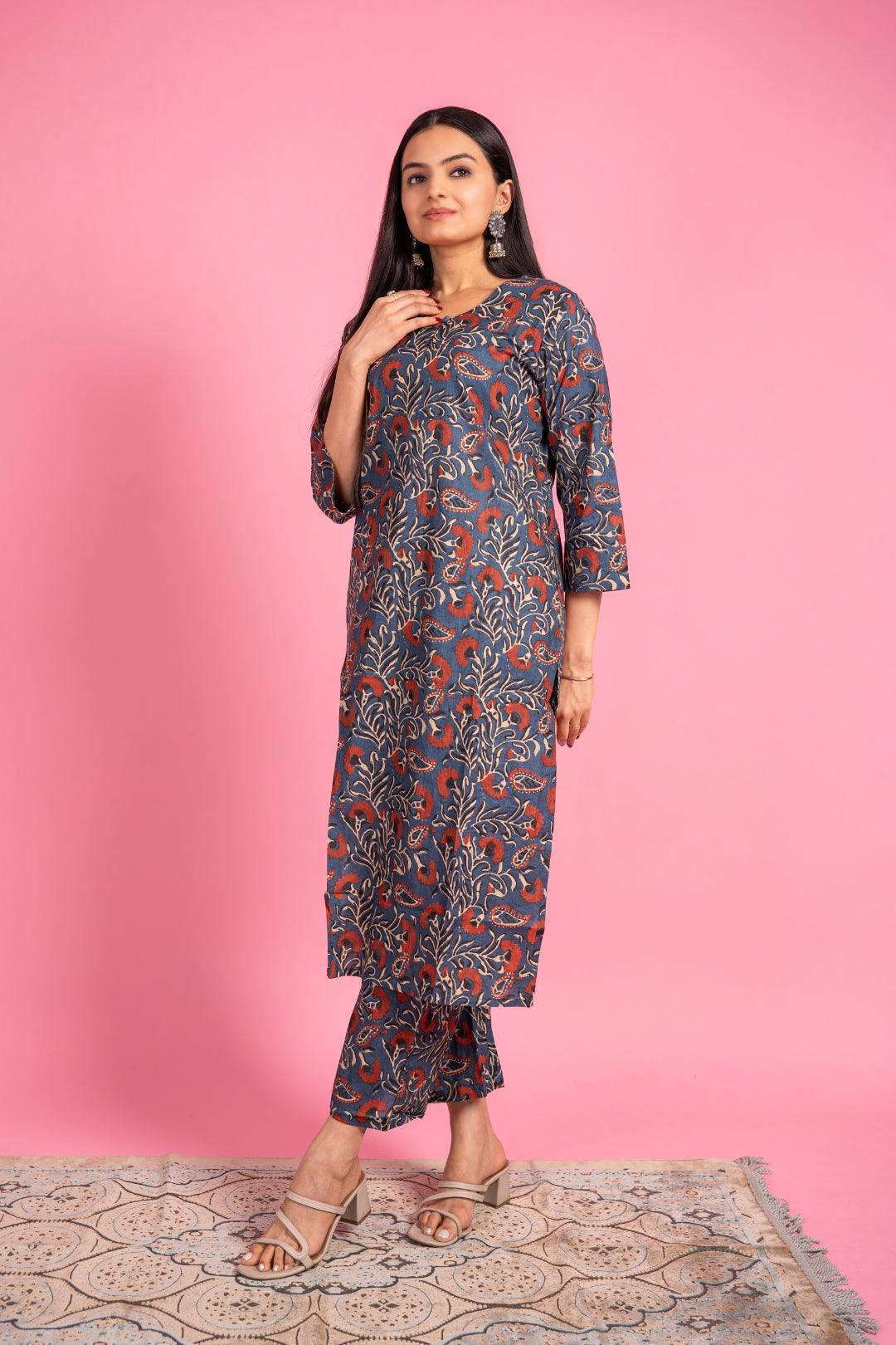 Ekisha's women dark blue designer multicolor floral printed cotton co-ord set kurta set