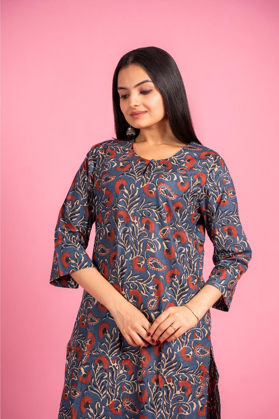 Ekisha's women dark blue designer multicolor floral printed cotton co-ord set kurta set