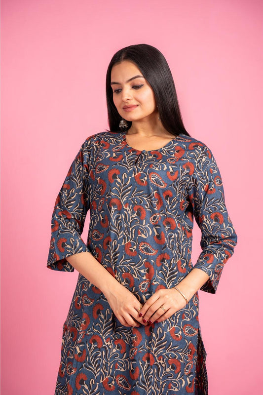 Ekisha's women dark blue designer multicolor floral printed cotton co-ord set kurta set