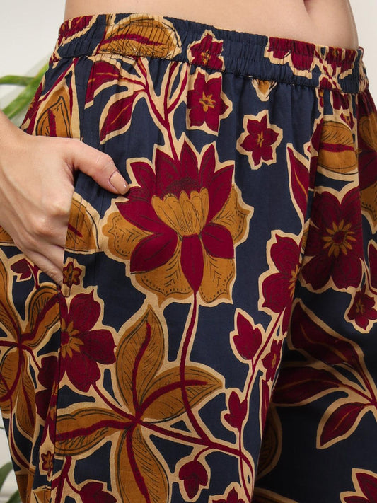 Ekisha's women dark blue multicolor floral printed cotton co-ord set lounge wear - Ekisha