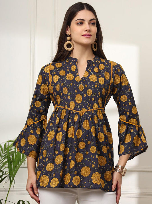 Ekisha's women dark blue pleated designer floral printed cotton tunic top short kurti - Ekisha