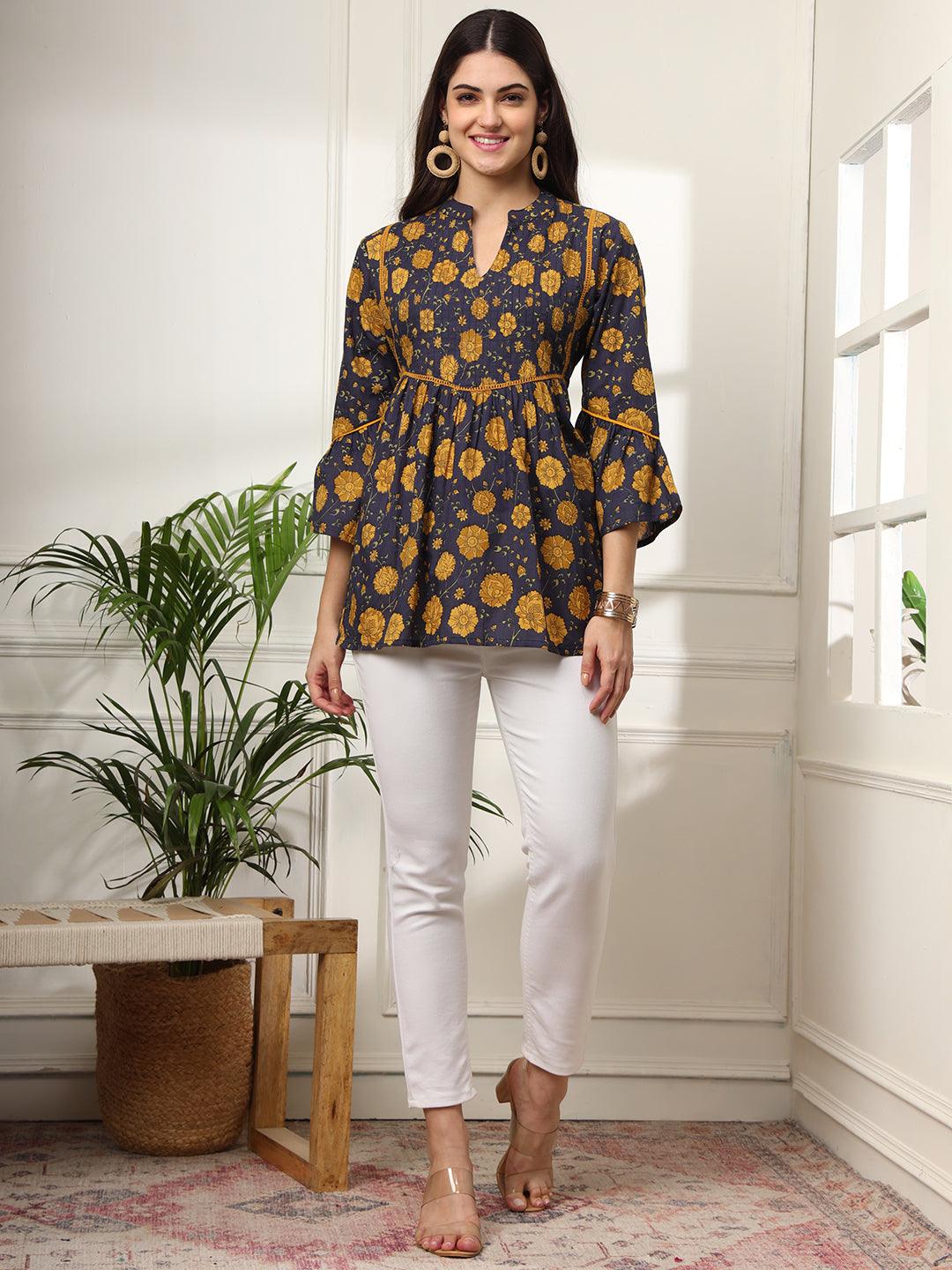 Ekisha's women dark blue pleated designer floral printed cotton tunic top short kurti - Ekisha