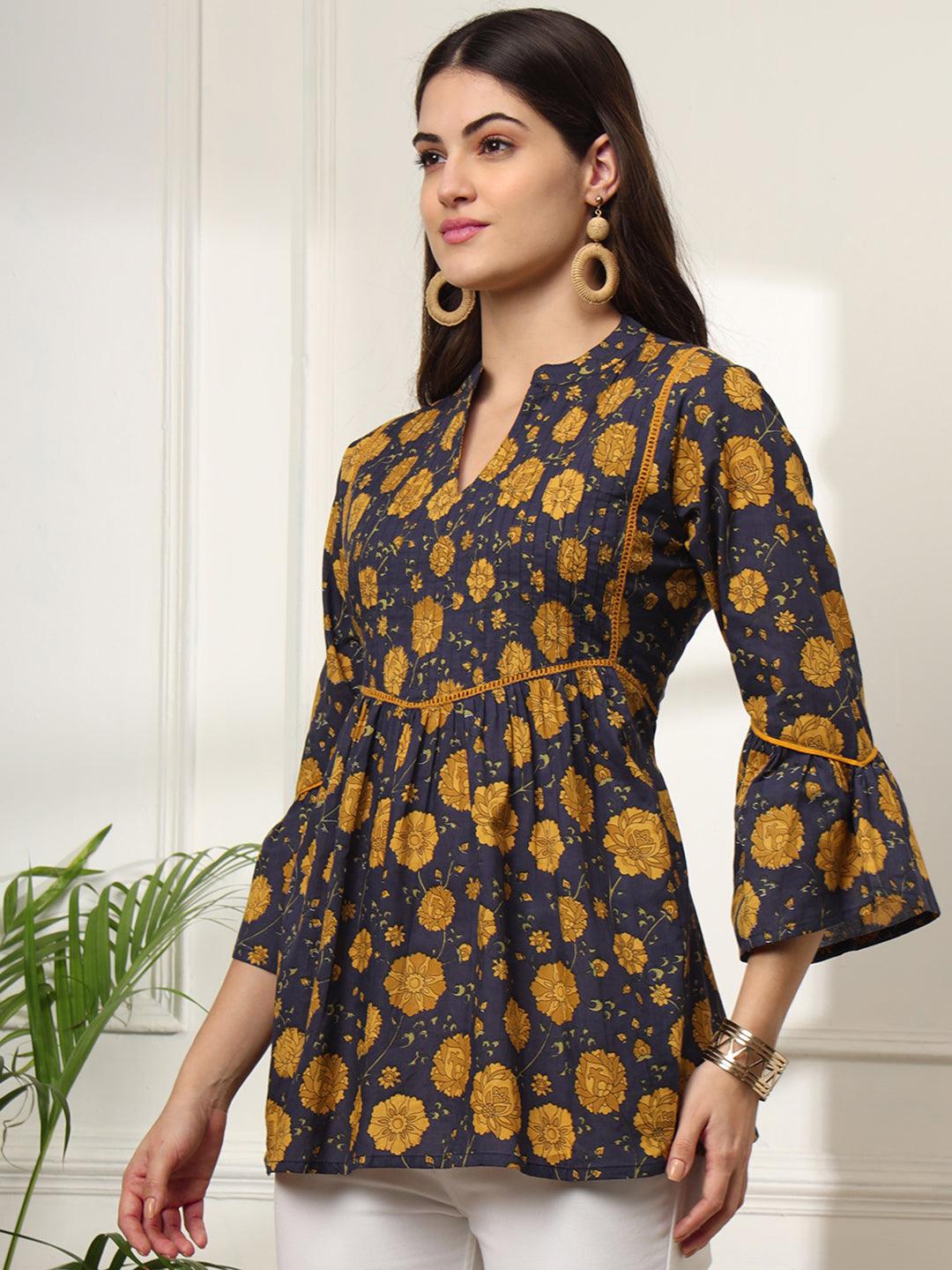 Ekisha's women dark blue pleated designer floral printed cotton tunic top short kurti - Ekisha