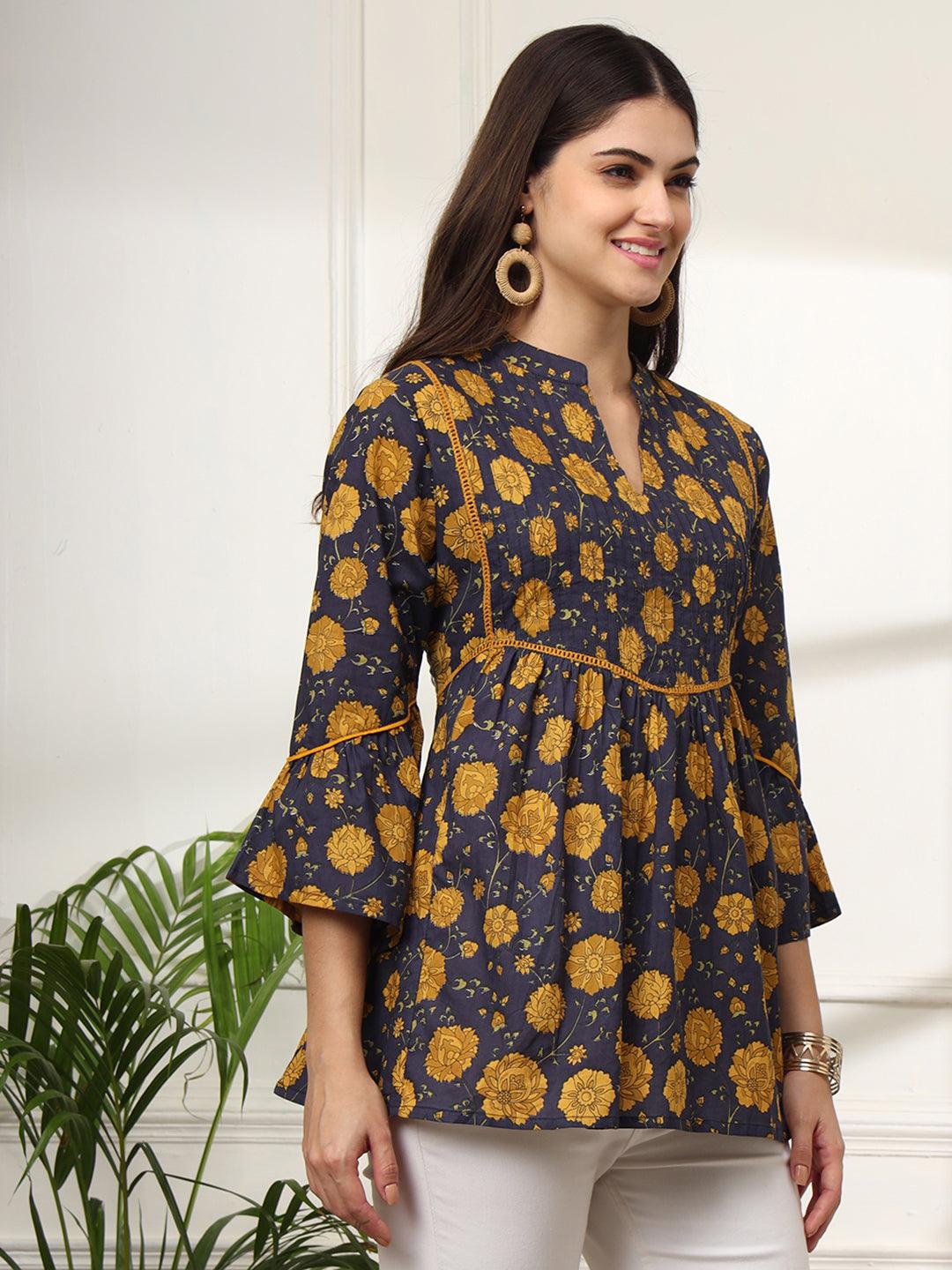 Ekisha's women dark blue pleated designer floral printed cotton tunic top short kurti - Ekisha
