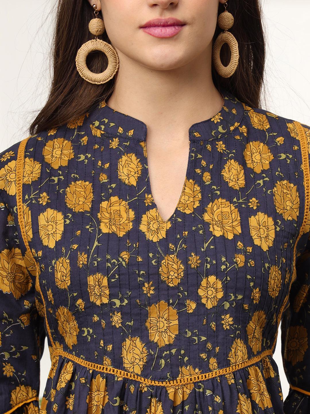 Ekisha's women dark blue pleated designer floral printed cotton tunic top short kurti - Ekisha