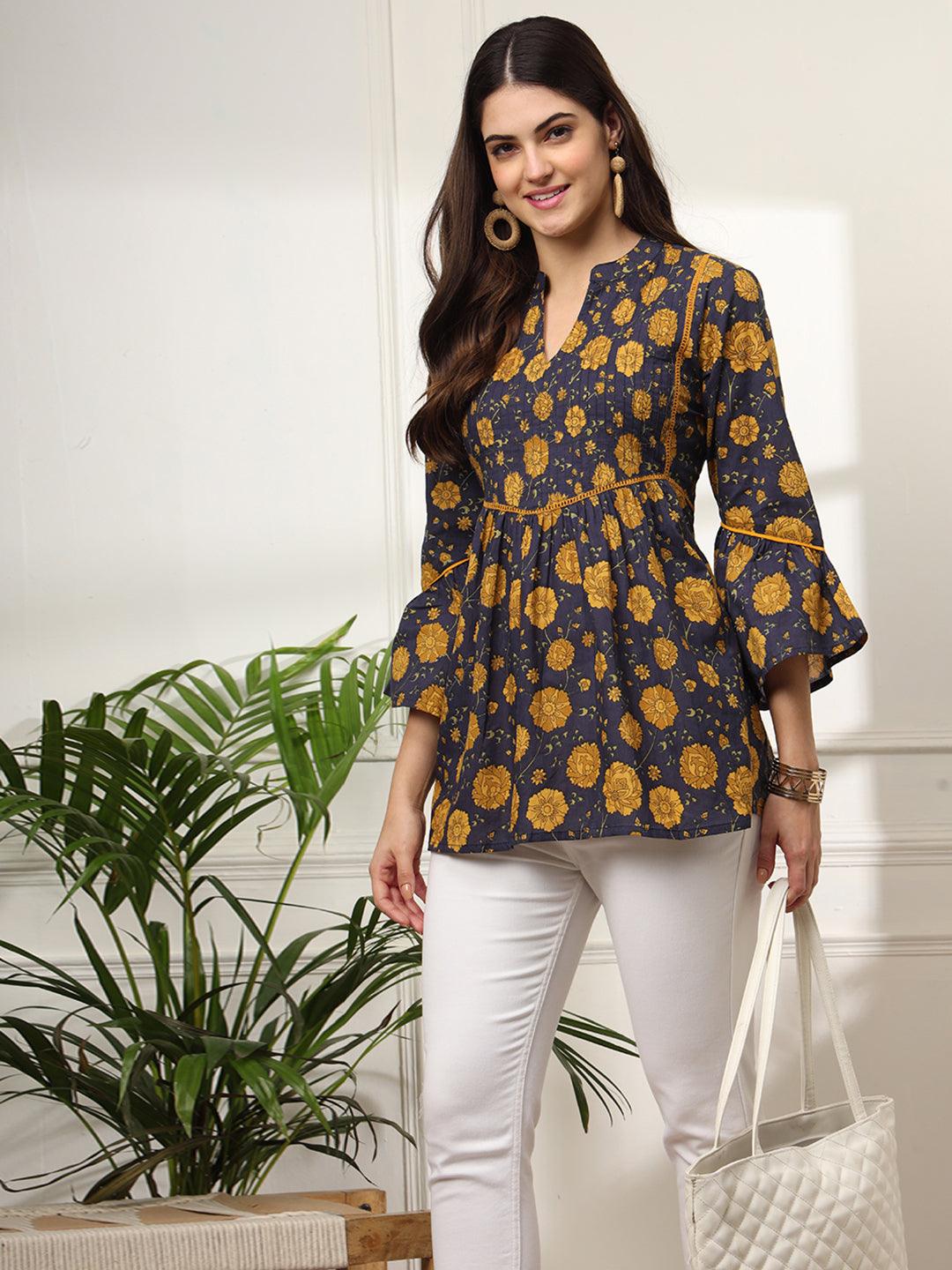 Ekisha's women dark blue pleated designer floral printed cotton tunic top short kurti - Ekisha