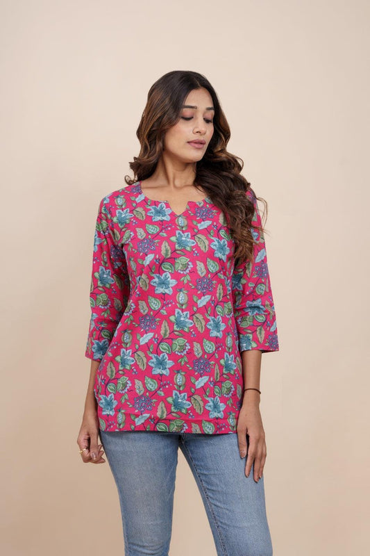 Ekisha's women dark pink beautiful designer floral printed cotton tunic top short kurti - Ekisha