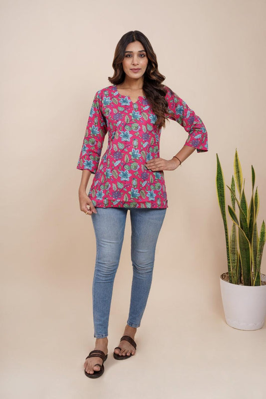 Ekisha's women dark pink beautiful designer floral printed cotton tunic top short kurti - Ekisha