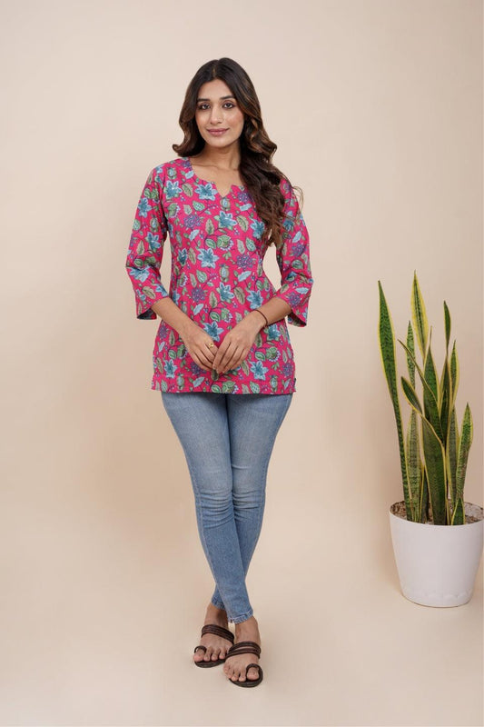 Ekisha's women dark pink beautiful designer floral printed cotton tunic top short kurti - Ekisha