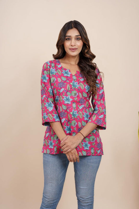 Ekisha's women dark pink beautiful designer floral printed cotton tunic top short kurti - Ekisha