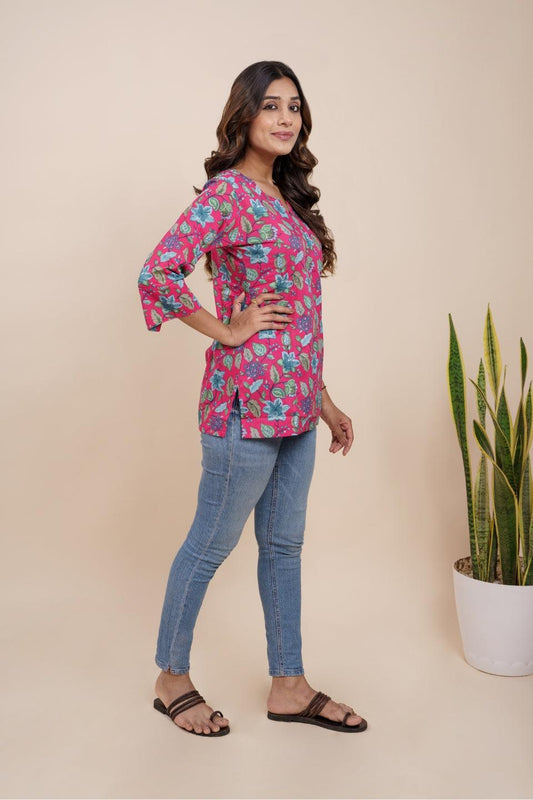 Ekisha's women dark pink beautiful designer floral printed cotton tunic top short kurti - Ekisha
