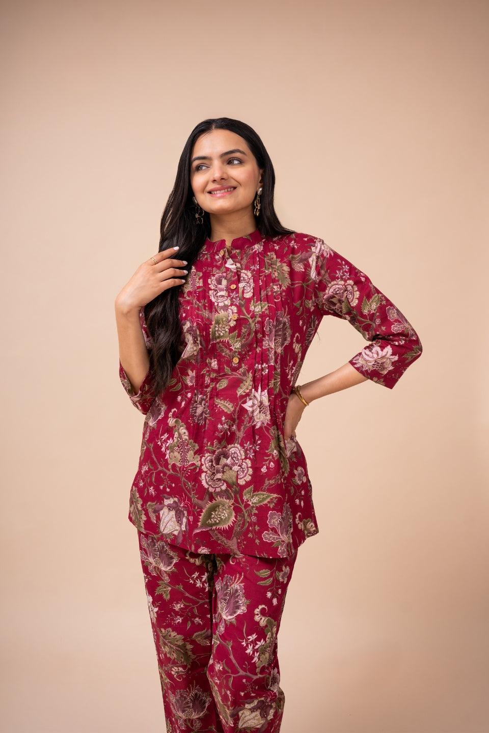 Ekisha's women dark pink multicolor floral printed cotton co-ord set lounge wear - Ekisha
