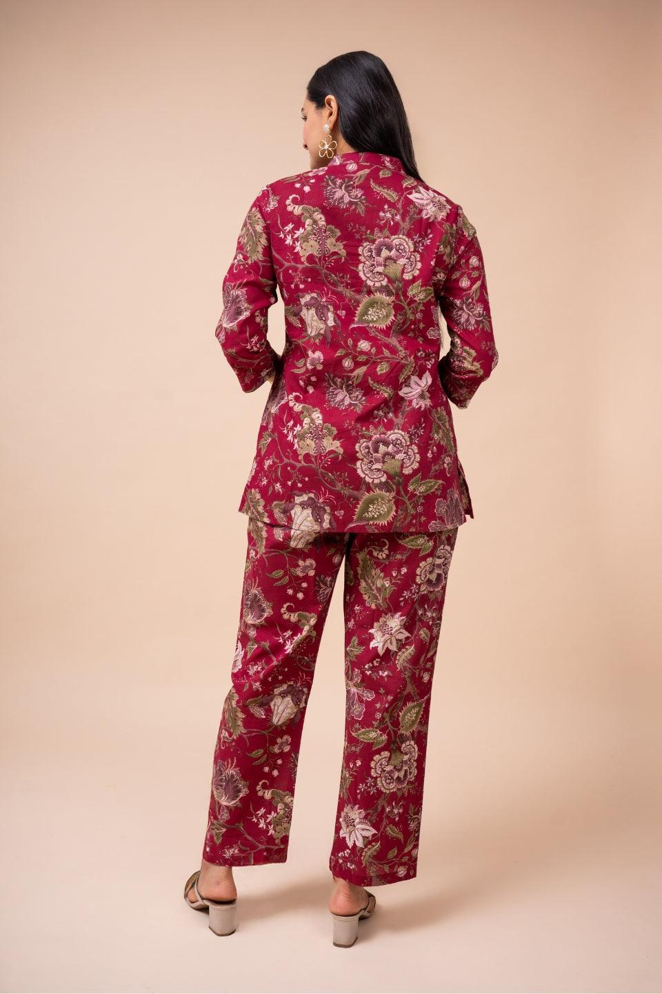 Ekisha's women dark pink multicolor floral printed cotton co-ord set lounge wear - Ekisha