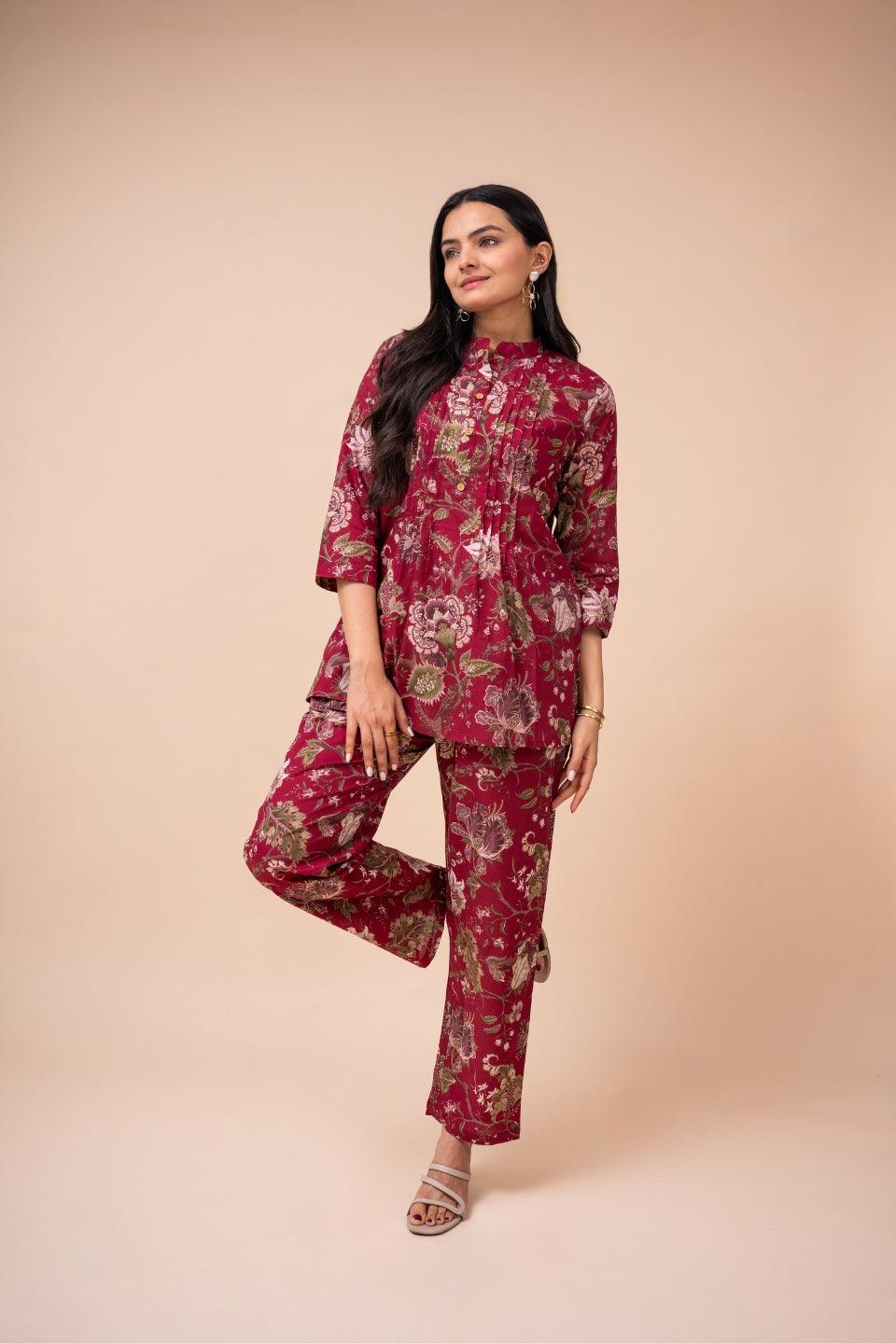 Ekisha's women dark pink multicolor floral printed cotton co-ord set lounge wear - Ekisha