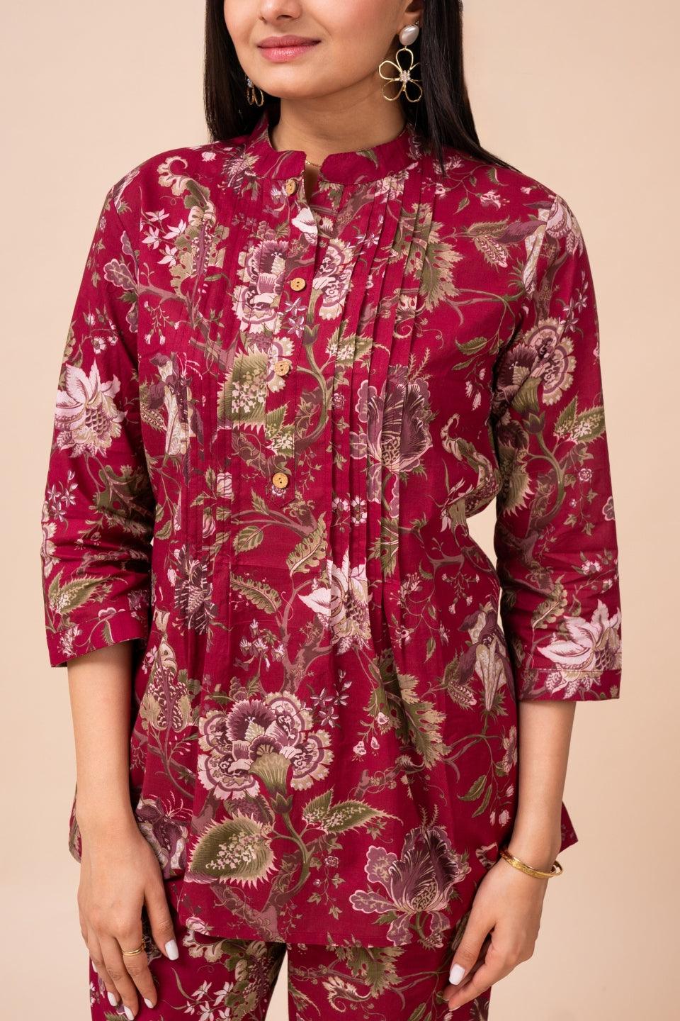 Ekisha's women dark pink multicolor floral printed cotton co-ord set lounge wear - Ekisha