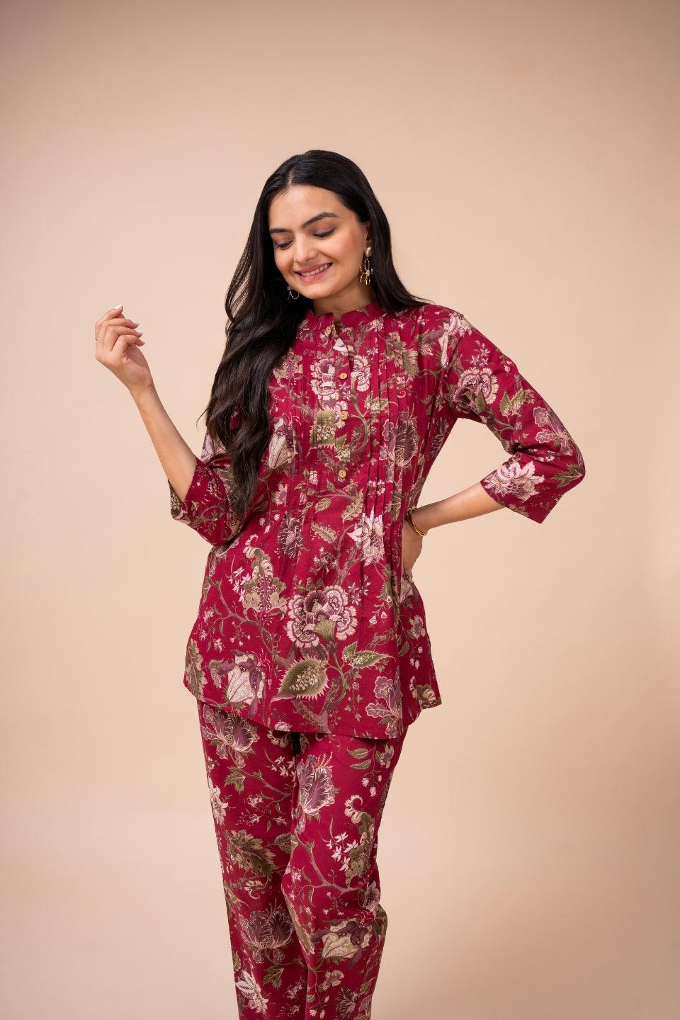 Ekisha's women dark pink multicolor floral printed cotton co-ord set lounge wear - Ekisha