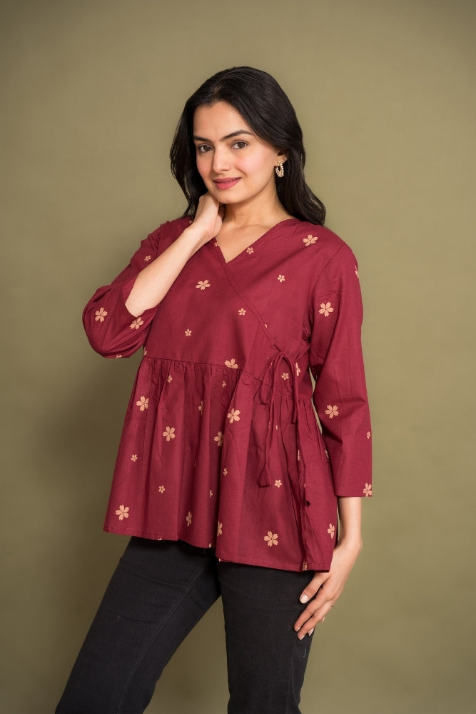 Ekisha's women dark rani abstract angrakha printed cotton tunic top short kurti, side view 