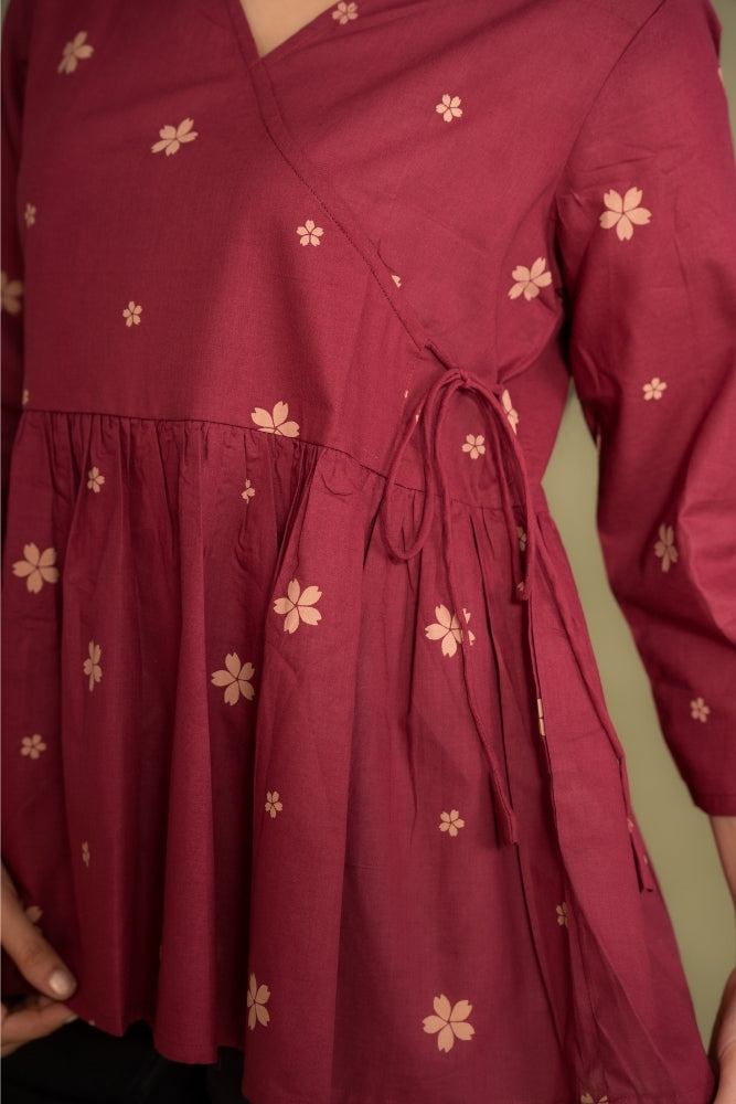 Ekisha's women dark rani abstract angrakha printed cotton tunic top short kurti, detailed view