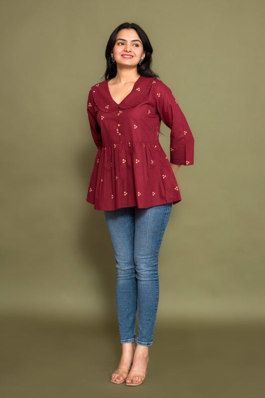 Ekisha's women dark rani floral printed designer cotton tunic top short kurti, side view