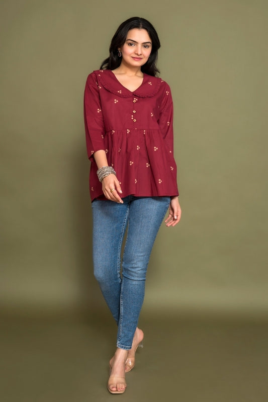 Ekisha's women dark rani floral printed designer cotton tunic top short kurti, front view 3