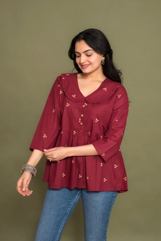 Ekisha's women dark rani floral printed designer cotton tunic top short kurti, front view 2