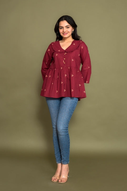 Ekisha's women dark rani floral printed designer cotton tunic top short kurti, front view