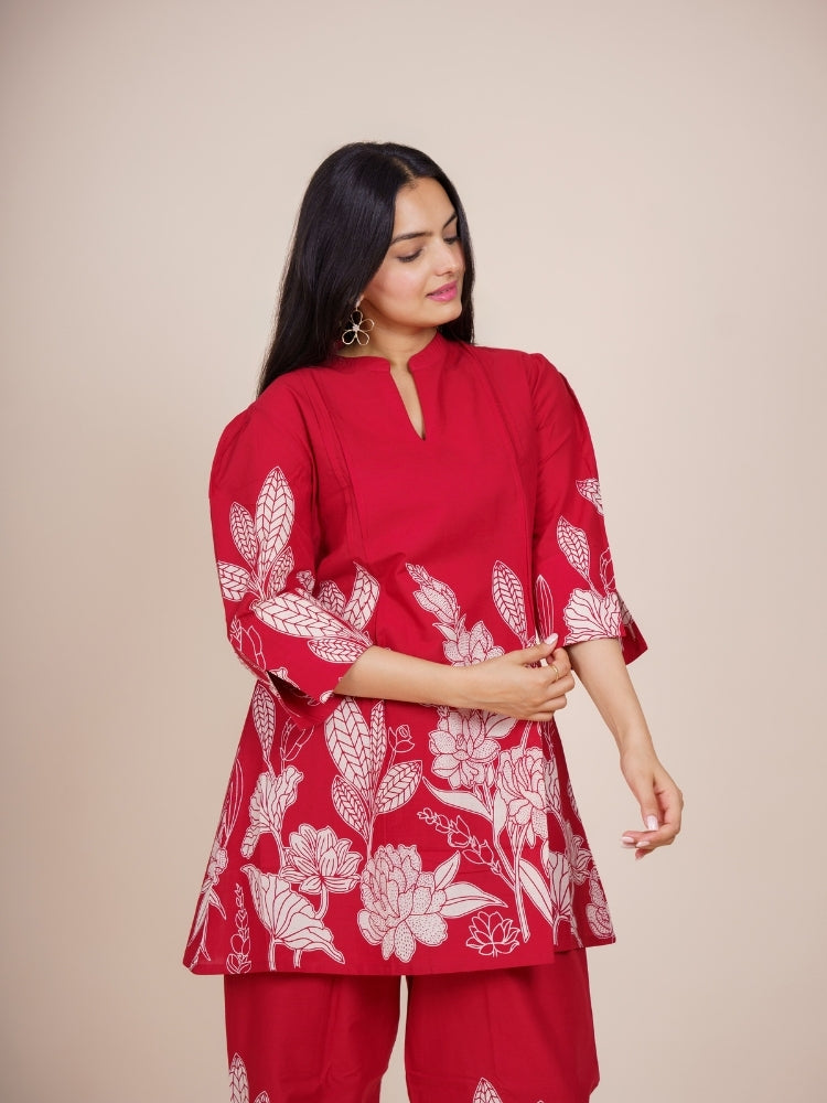 Ekisha's women dark red designer printed floral cotton co-ord set lounge wear, front view