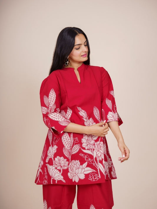 Ekisha's women dark red designer printed floral cotton co-ord set lounge wear, front view