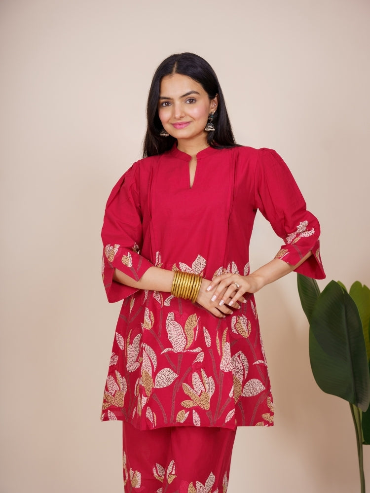 Ekisha's women dark red multicolor floral printed cotton co-ord set lounge wear, front view