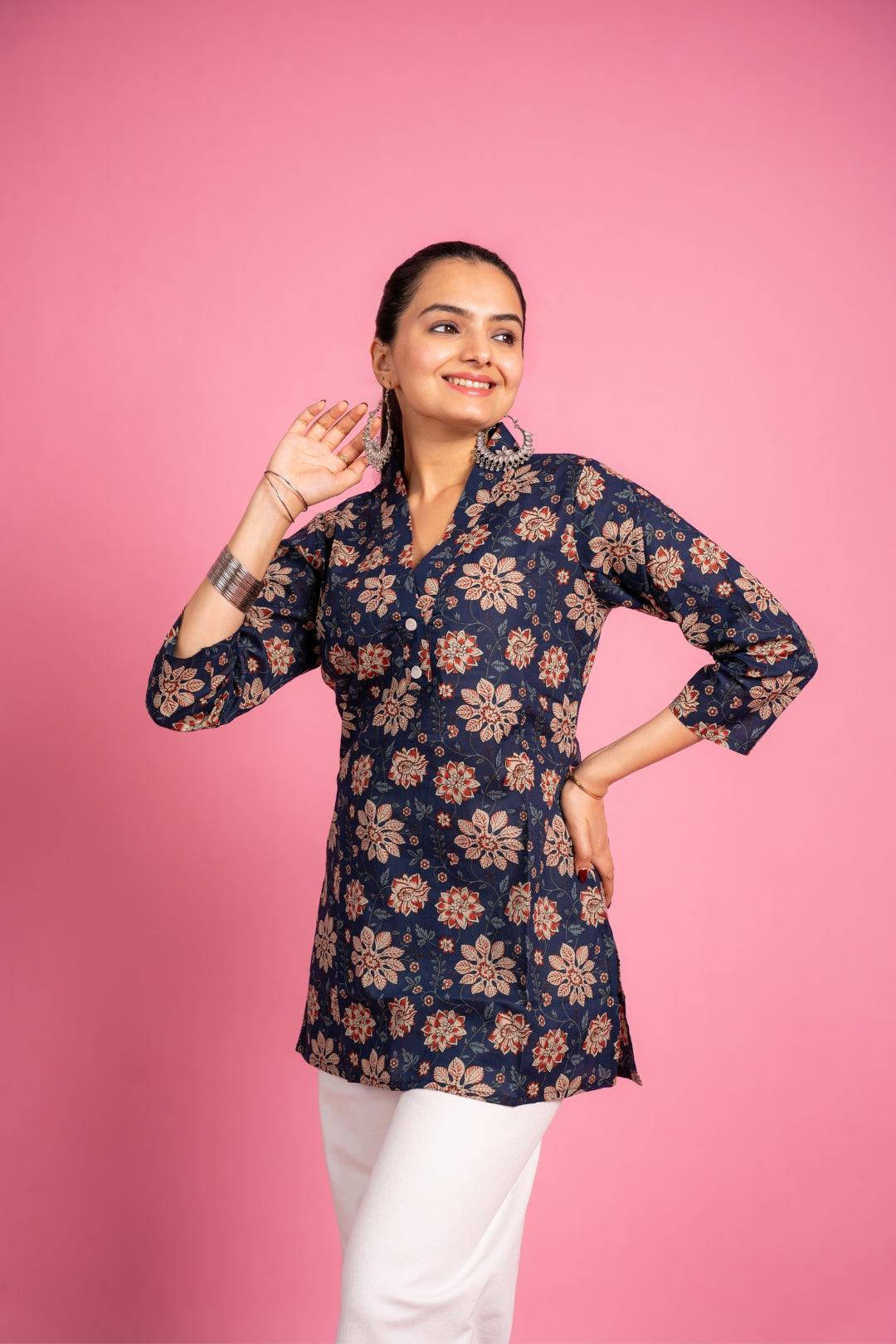 Ekisha's women designer blue floral printed multicolor cotton tunic top short kurti - Ekisha