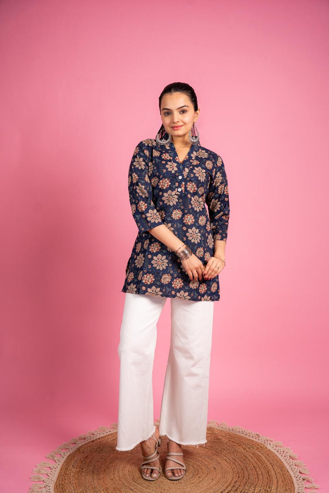 Ekisha's women designer blue floral printed multicolor cotton tunic top short kurti - Ekisha