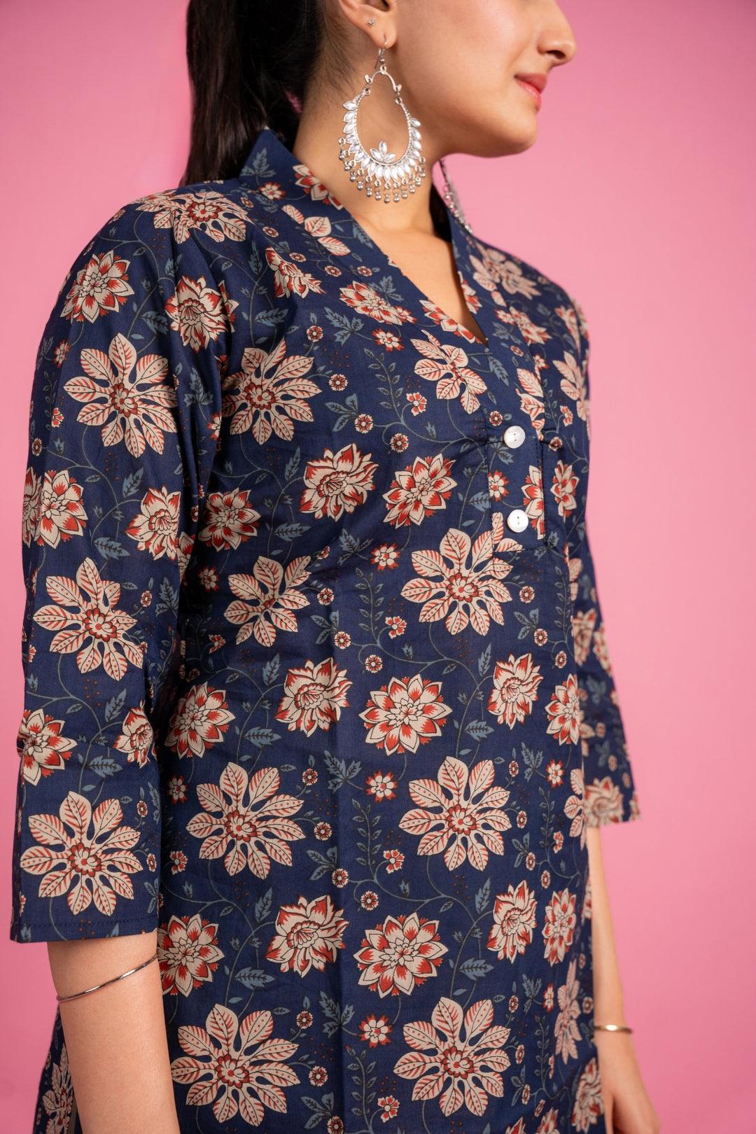 Ekisha's women designer blue floral printed multicolor cotton tunic top short kurti - Ekisha
