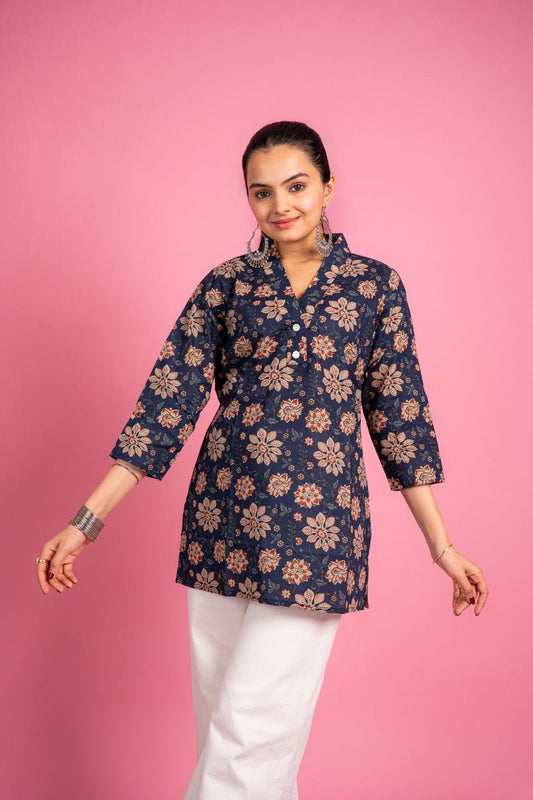 Ekisha's women designer blue floral printed multicolor cotton tunic top short kurti - Ekisha