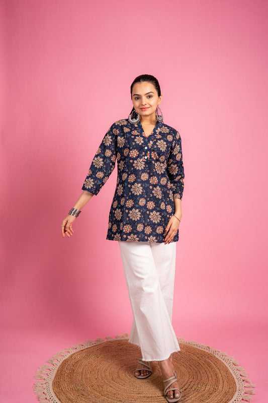 Ekisha's women designer blue floral printed multicolor cotton tunic top short kurti - Ekisha