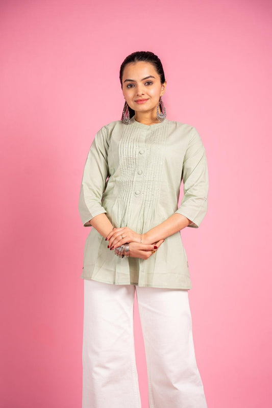 Ekisha's women designer light pista hand work cotton tunic top short kurti - Ekisha