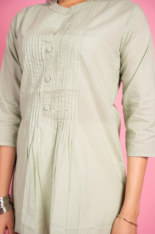 Ekisha's women designer light pista hand work cotton tunic top short kurti - Ekisha